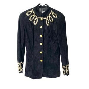 Etosha Vintage Black Suede Military Jacket Gold Embroidery Scroll Detail size 10
